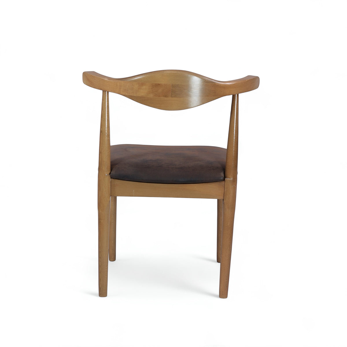 Front view of the Vaya Home Albero dining chair with a curved wood backrest and brown upholstered seat.