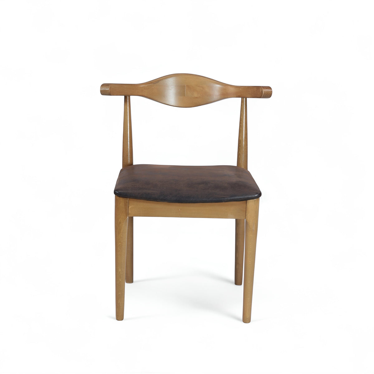 Product view of the Vaya Home Albero dining chair with a sculpted wood frame and brown upholstered seat.