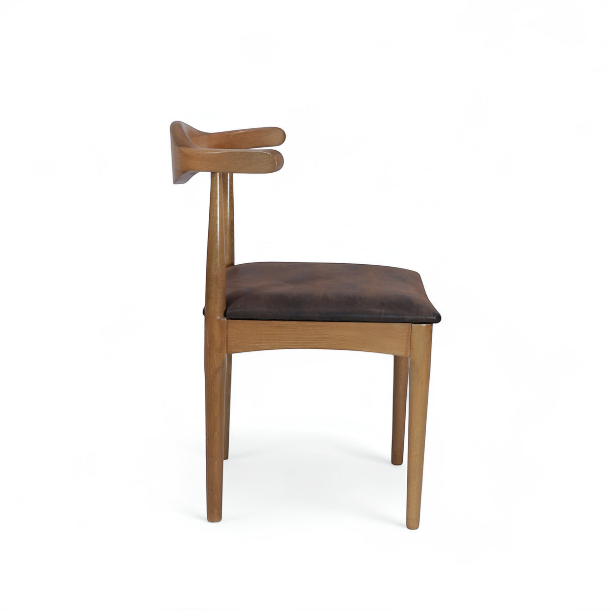 Side view of the Vaya Home Albero dining chair with a sculpted wood frame and brown upholstered seat.