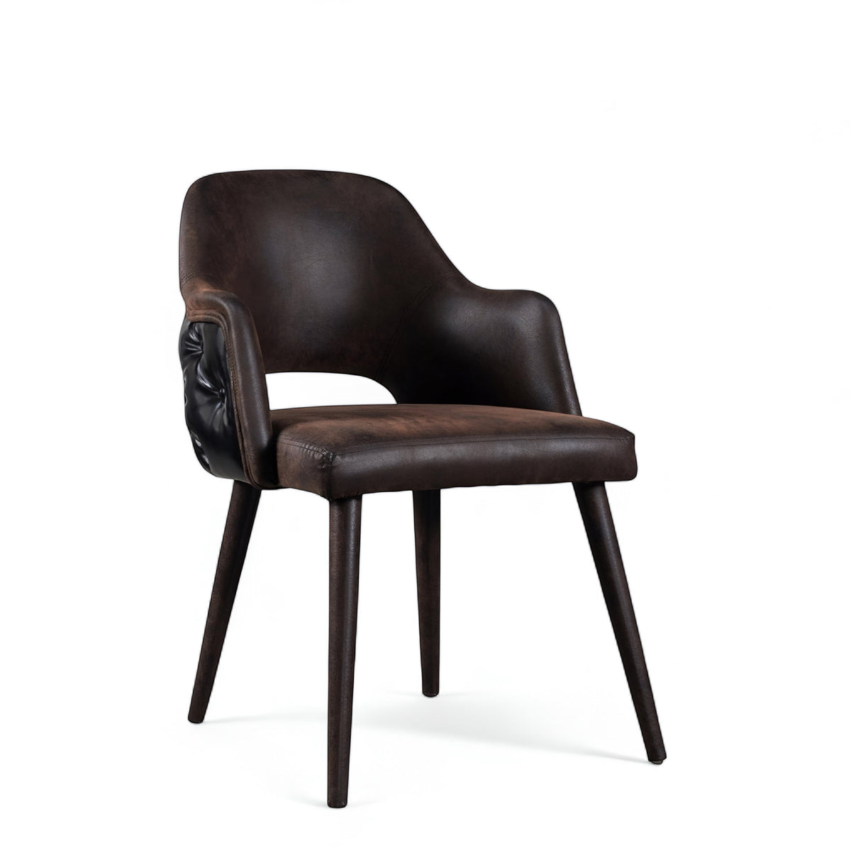 Front angled view of the Vaya Home Alt dining chair with dark brown leather upholstery, integrated arms, and tapered wood legs.
