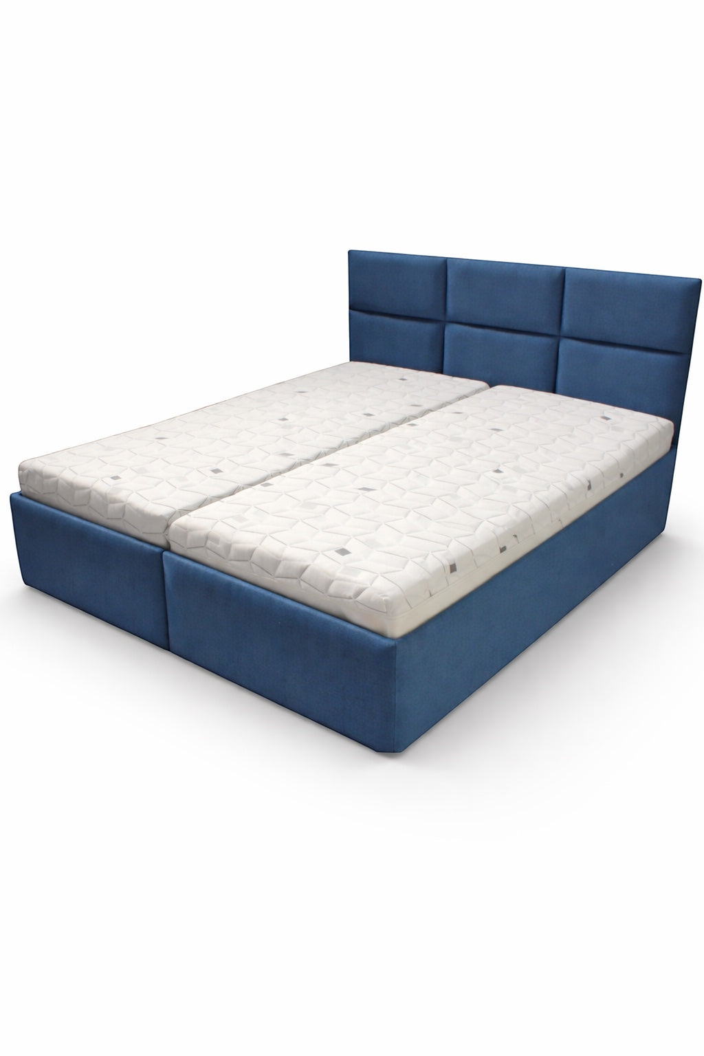 Angled view of the Vaya Home Alturo upholstered bed with blue fabric frame and paneled headboard.