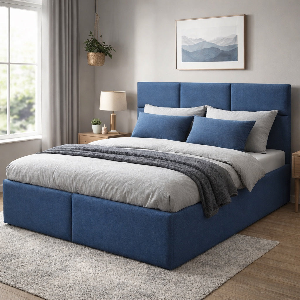 Vaya Home Alturo upholstered bed in blue fabric with a paneled headboard, styled in a modern bedroom.