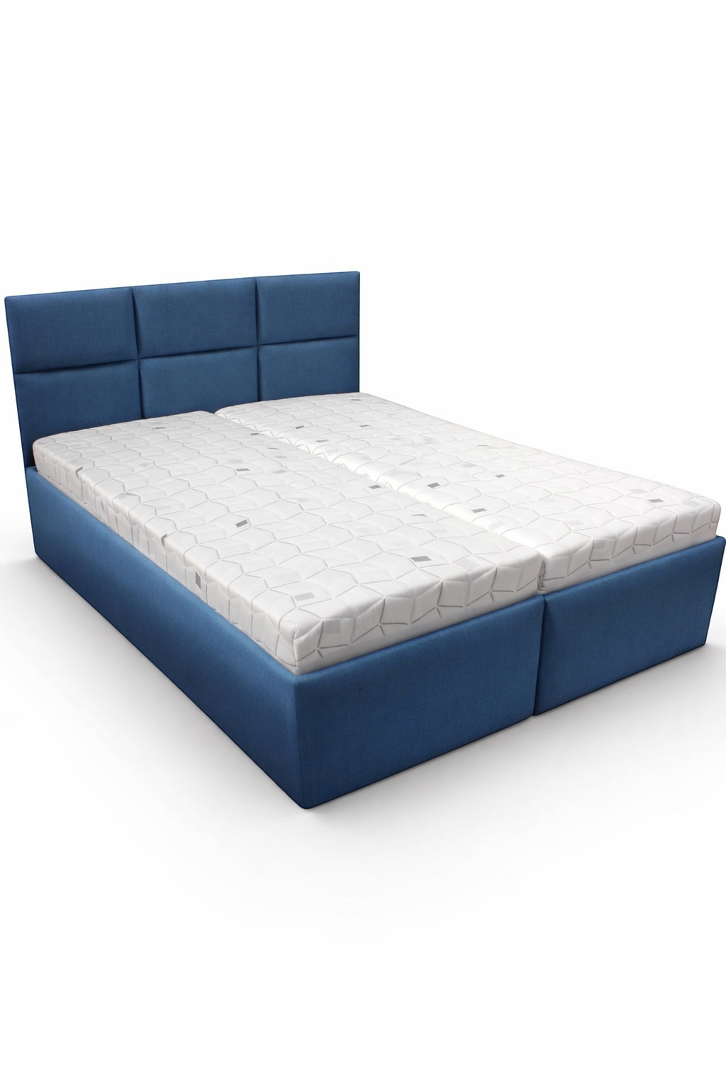 Side angled view of the Vaya Home Alturo upholstered bed with blue fabric upholstery and paneled headboard.
