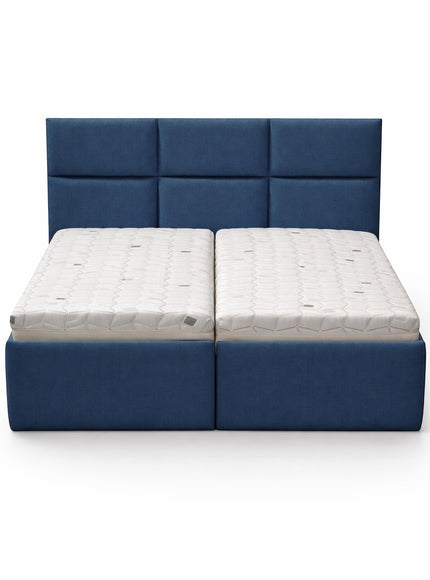 Front view of the Vaya Home Alturo upholstered bed featuring a blue fabric base and paneled headboard.