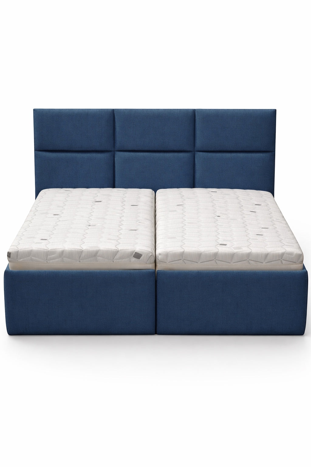 Front view of the Vaya Home Alturo upholstered bed featuring a blue fabric base and paneled headboard.