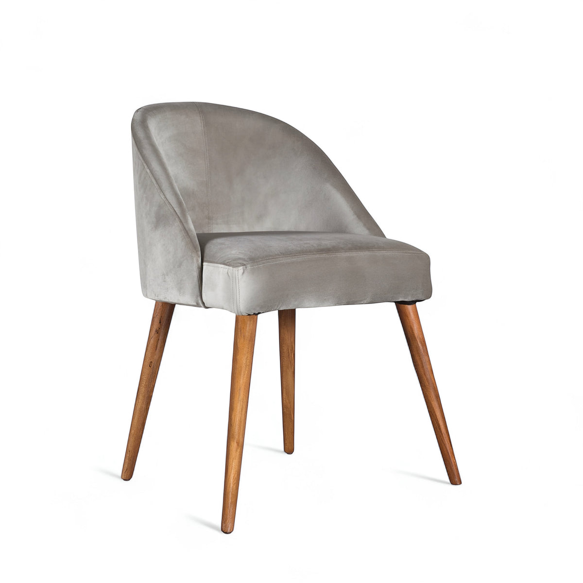 Front angled view of the Vaya Home Alveare dining chair with gray upholstery and tapered wood legs.