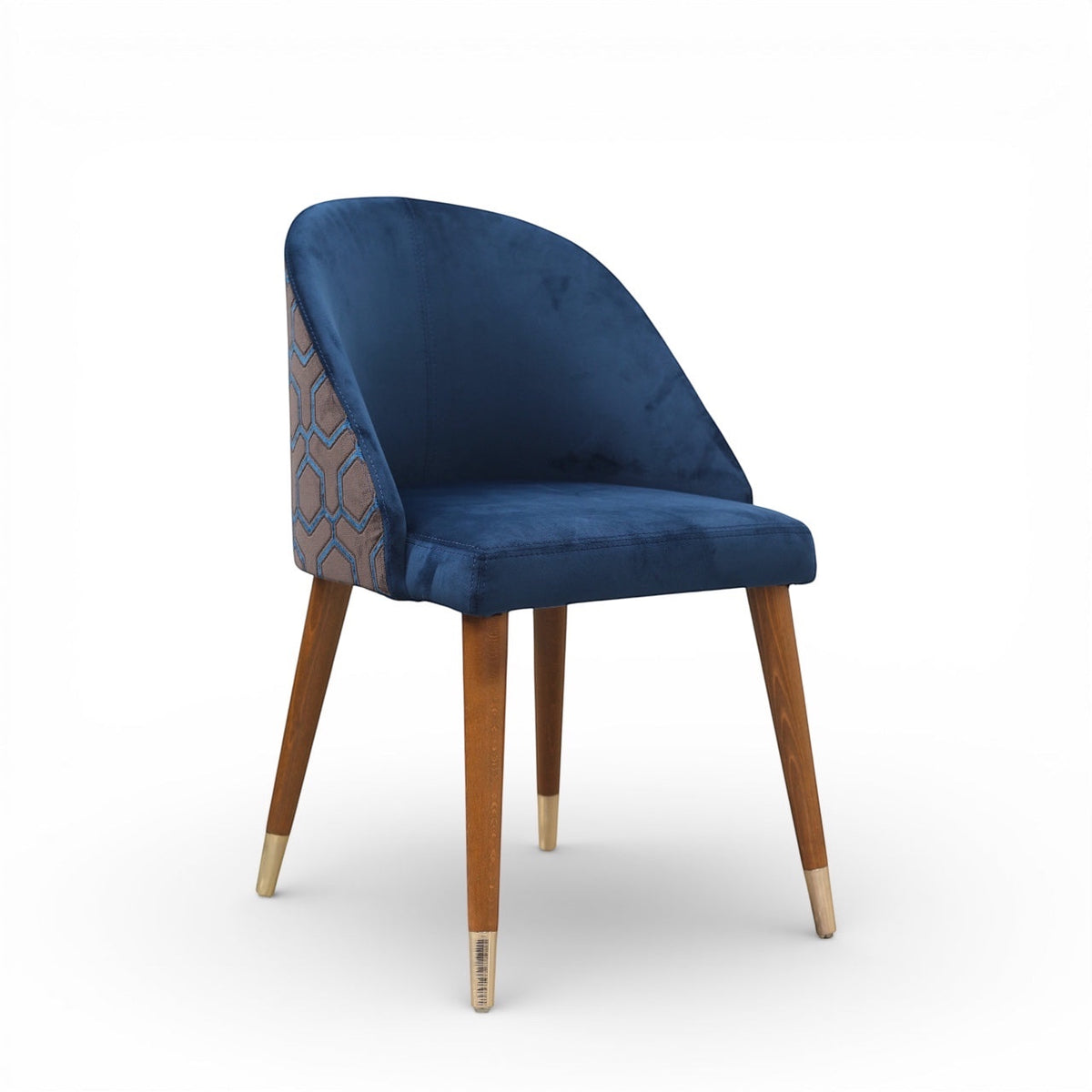 Front angled view of the Vaya Home Alveare dining chair with navy upholstery and tapered wood legs.
