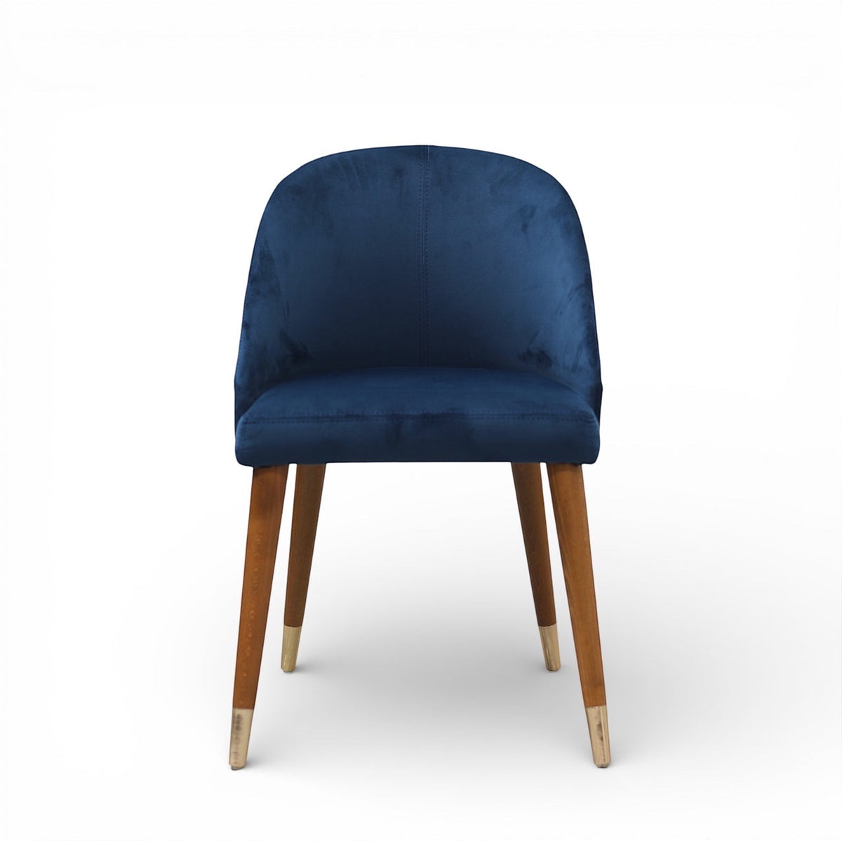 Front view of the Vaya Home Alveare dining chair with navy upholstery and tapered wood legs.