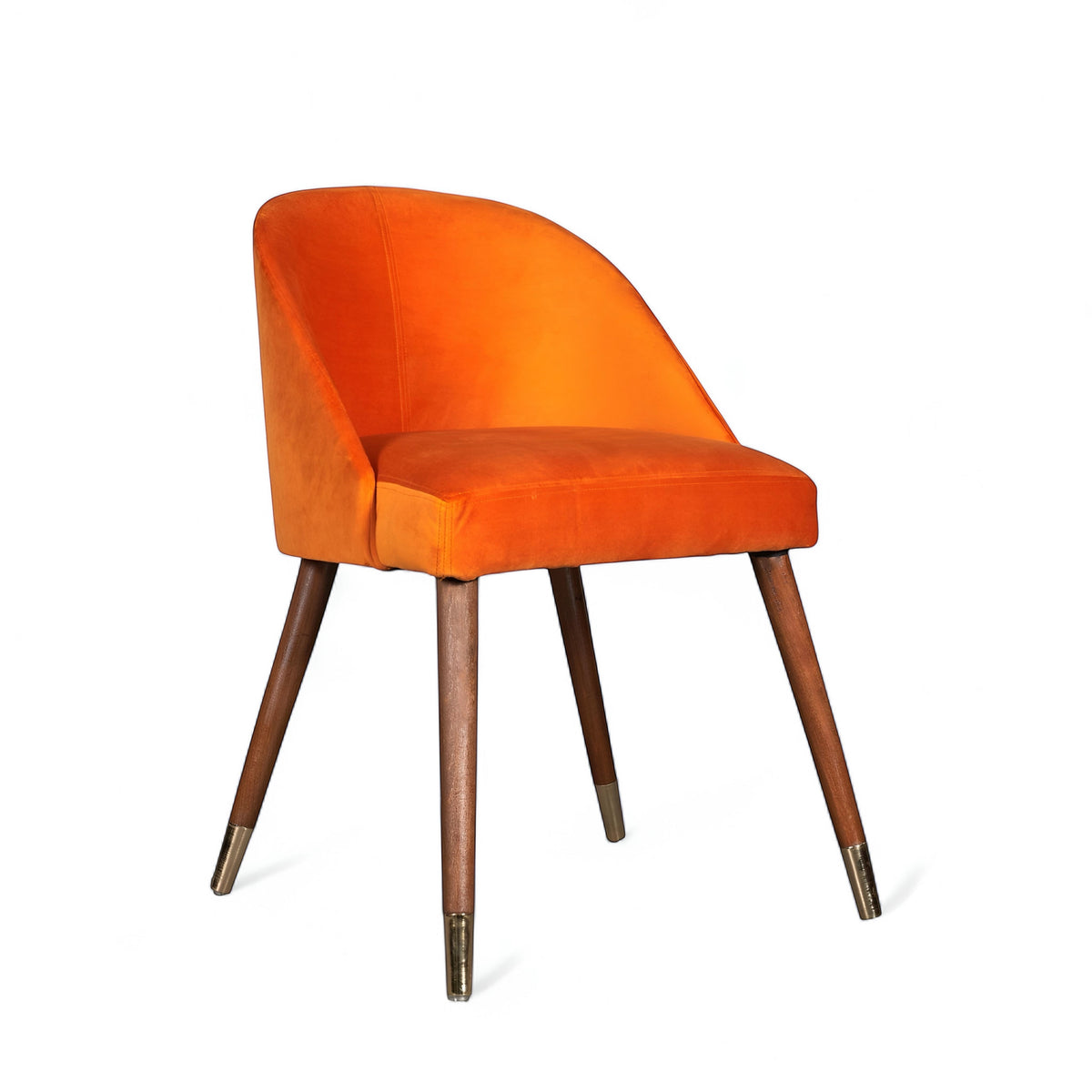 Side view of the Vaya Home Alveare dining chair featuring orange upholstery and tapered wood legs.