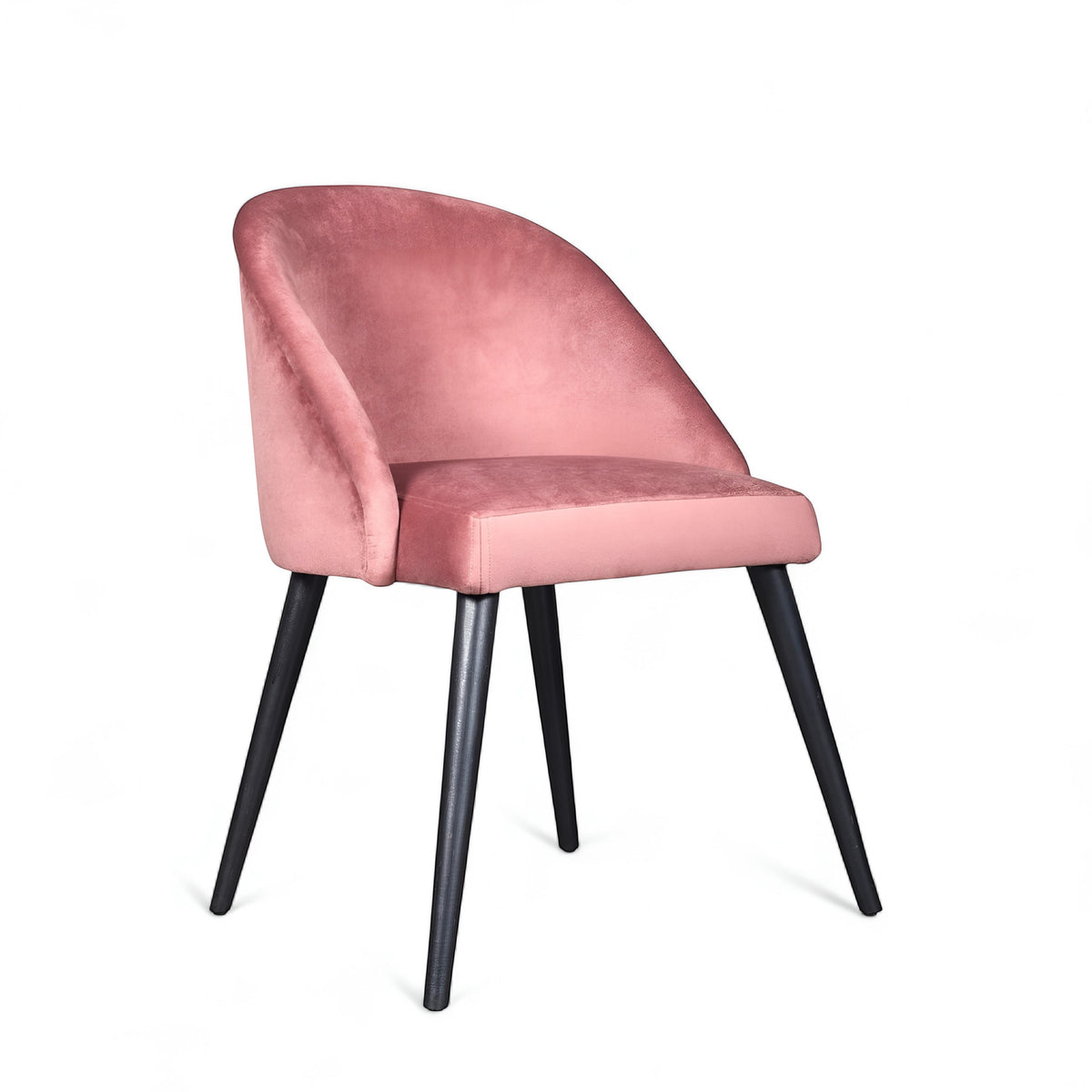 Side view of the Vaya Home Alveare dining chair with pink upholstery and black tapered legs.