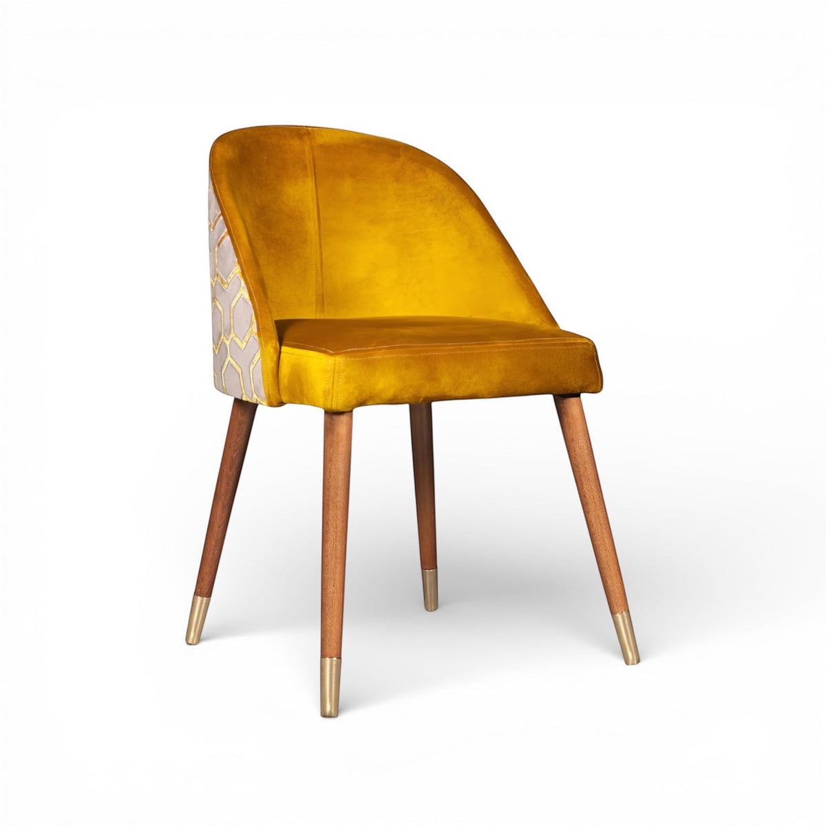 Front angled view of the Vaya Home Alveare dining chair with yellow upholstery and tapered wood legs.