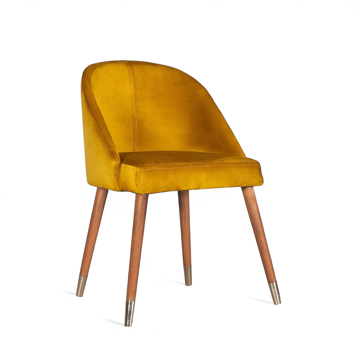 Front angled view of the Vaya Home Alveare dining chair with yellow upholstery and tapered wood legs.