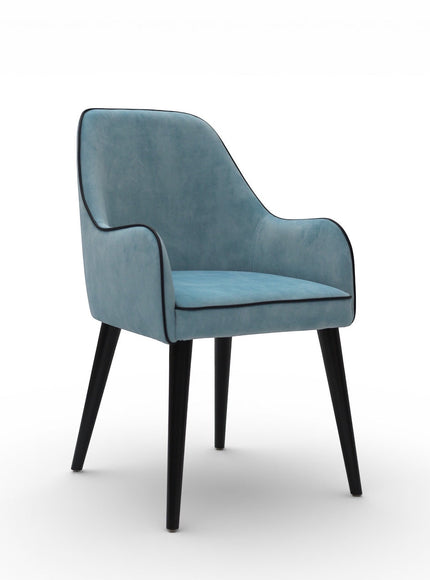 Vaya Home Alven dining chair with blue upholstery, curved arms, and black tapered legs.