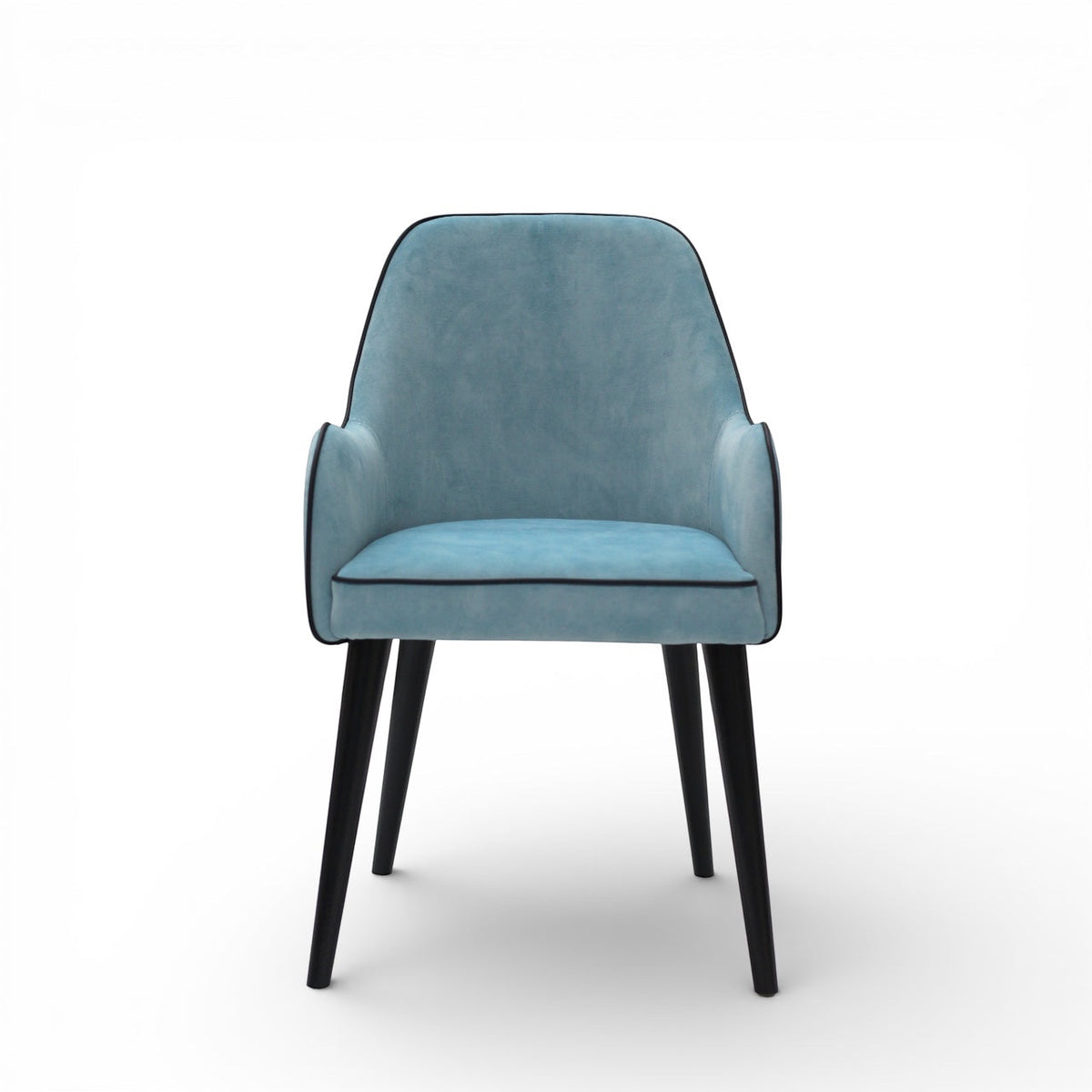 Front view of the Vaya Home Alven dining chair featuring blue upholstery, slim armrests, and black legs.