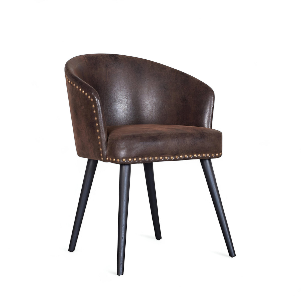 Front angled view of the Vaya Home Antigo dining chair with dark brown leather upholstery, nailhead trim, and black tapered legs.