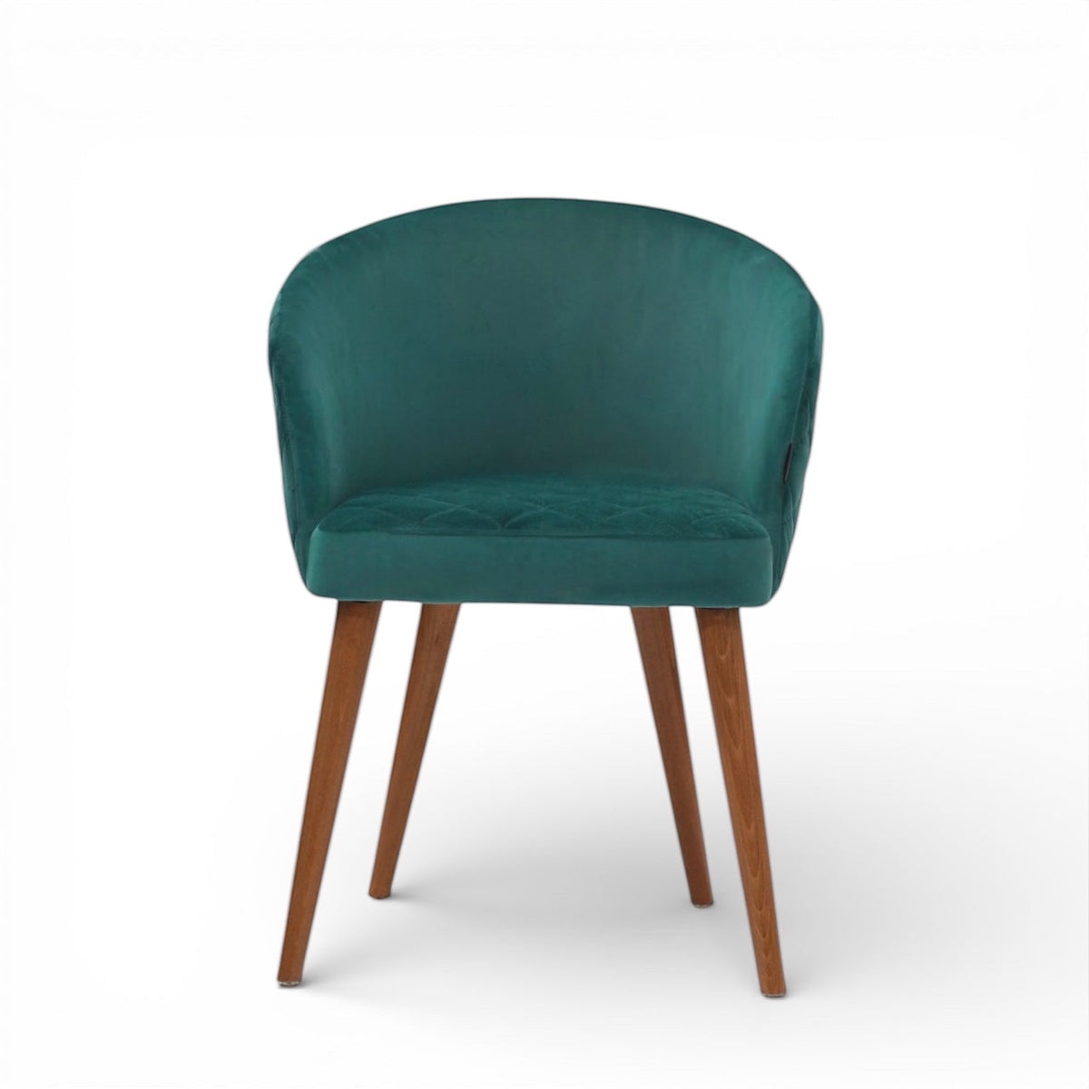 Front view of the Vaya Home Antigo dining chair with green velvet upholstery, rounded barrel back, and tapered wood legs.