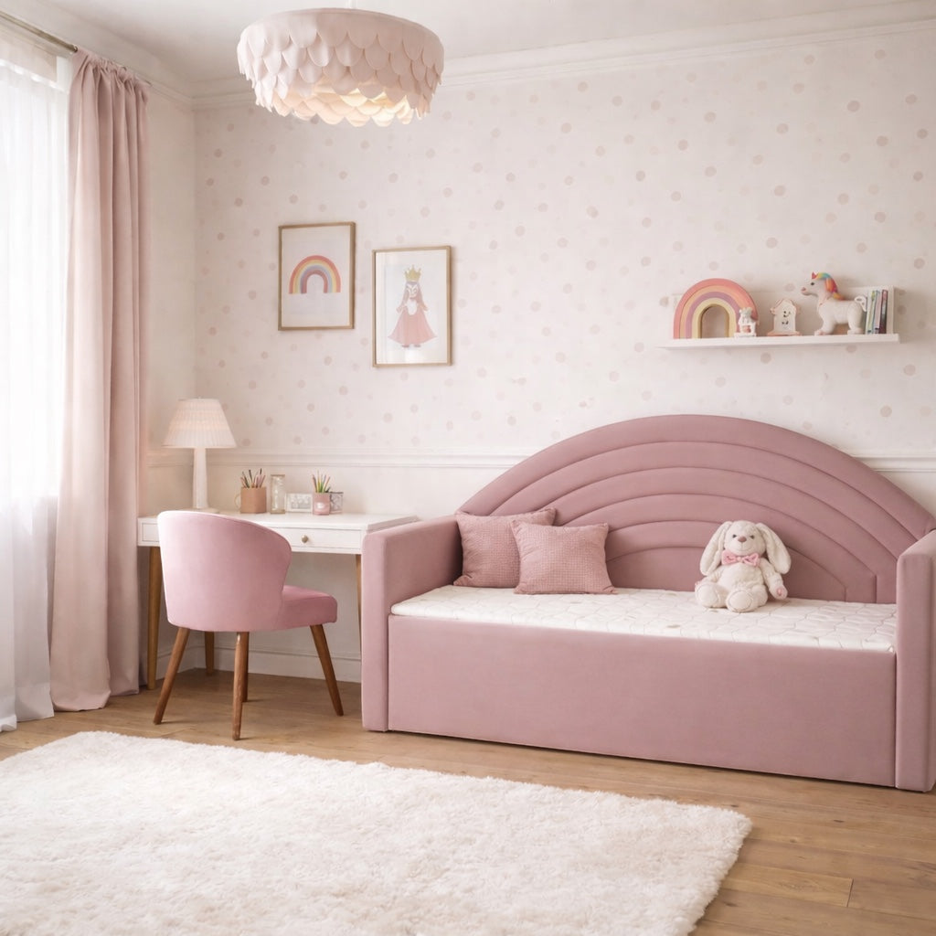 Vaya Home Antigo pink accent chair with wood legs, styled in a soft pink kids bedroom beside the Rainbow bed.