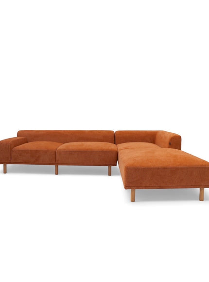 Vaya Home Arancio full modular sofa set in rust orange upholstery with chaise layout.