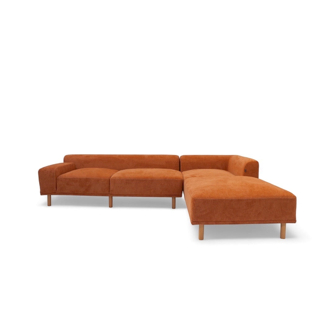 Vaya Home Arancio full modular sofa set in rust orange upholstery with chaise layout.