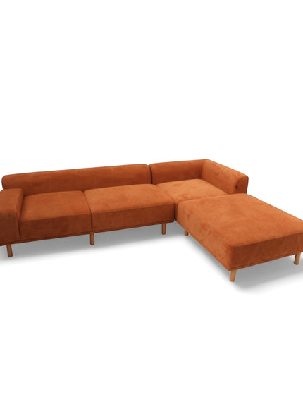 Opposite angled view of the Vaya Home Arancio sectional sofa in rust orange upholstery with lounge extension.