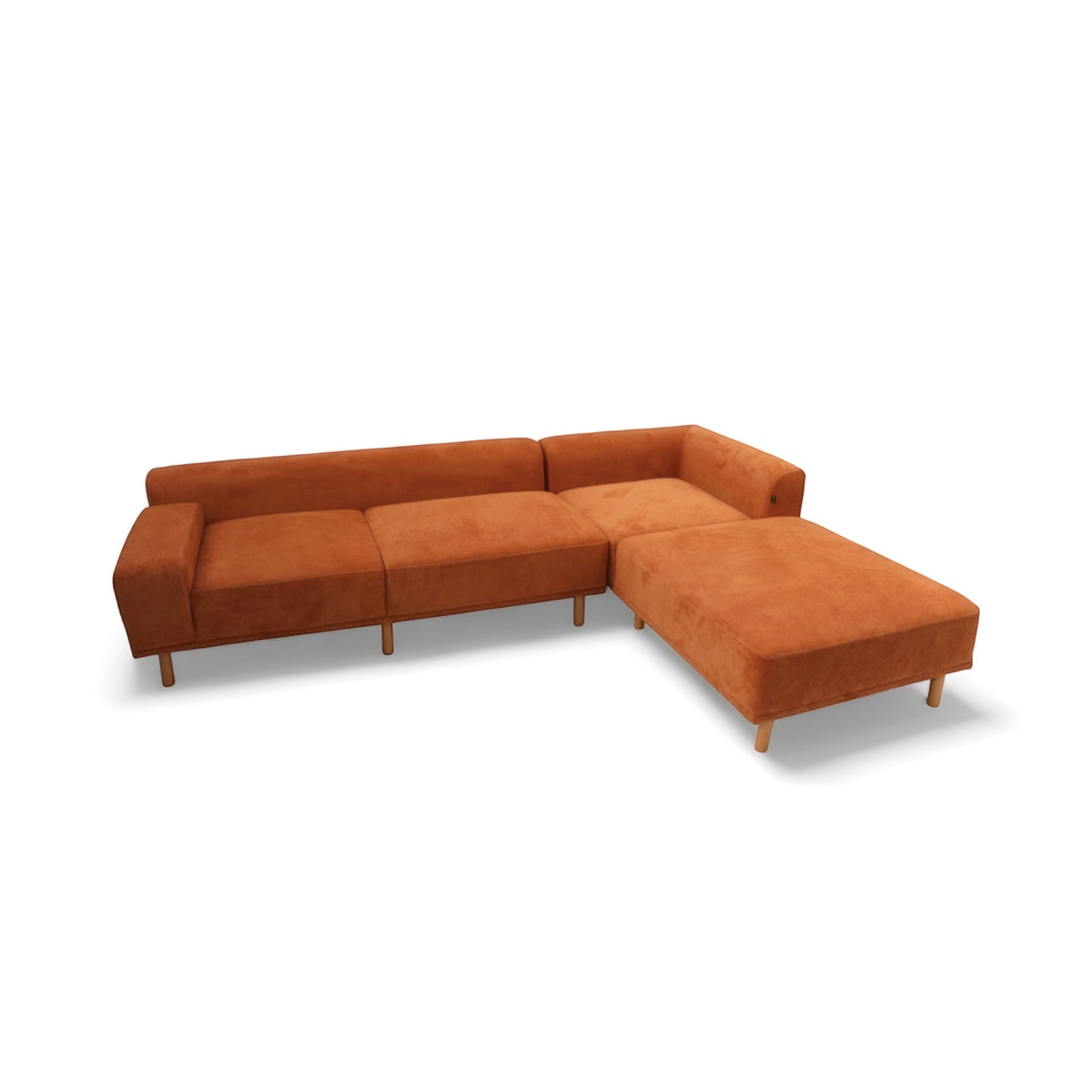 Opposite angled view of the Vaya Home Arancio sectional sofa in rust orange upholstery with lounge extension.