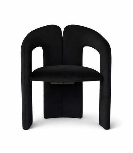 Vaya Home Arcadia accent chair in black upholstery with a sculptural curved frame and rounded seat.
