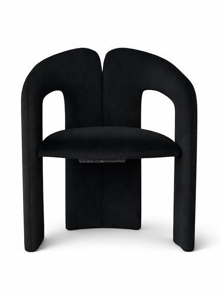 Vaya Home Arcadia accent chair in black upholstery with a sculptural curved frame and rounded seat.