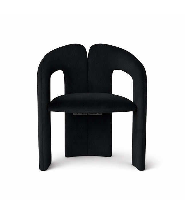 Vaya Home Arcadia accent chair in black upholstery with a sculptural curved frame and rounded seat.