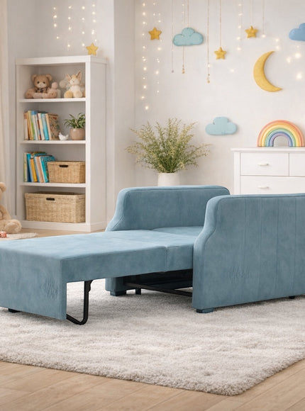 Vaya Home Aristo chair bed in blue upholstery, styled in a kids room with the pull-out bed extended.