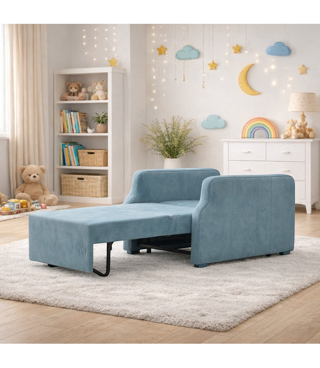 Vaya Home Aristo chair bed in blue upholstery, styled in a kids room with the pull-out bed extended.
