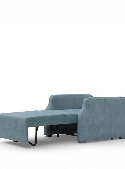 Vaya Home Aristo blue upholstered chair bed opened into a sleeper with pull-out extension and metal support legs.