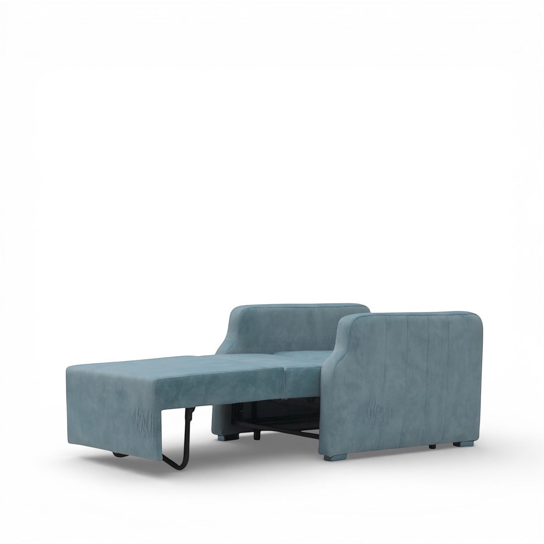 Vaya Home Aristo blue upholstered chair bed opened into a sleeper with pull-out extension and metal support legs.