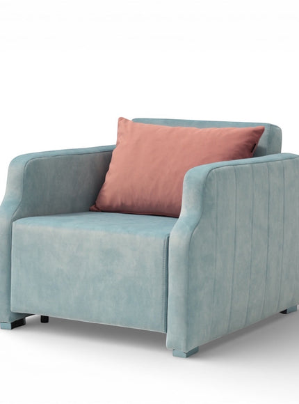 Front angled view of the Vaya Home Aristo sleeper chair with blue upholstery, wide arms, and a pink accent cushion.