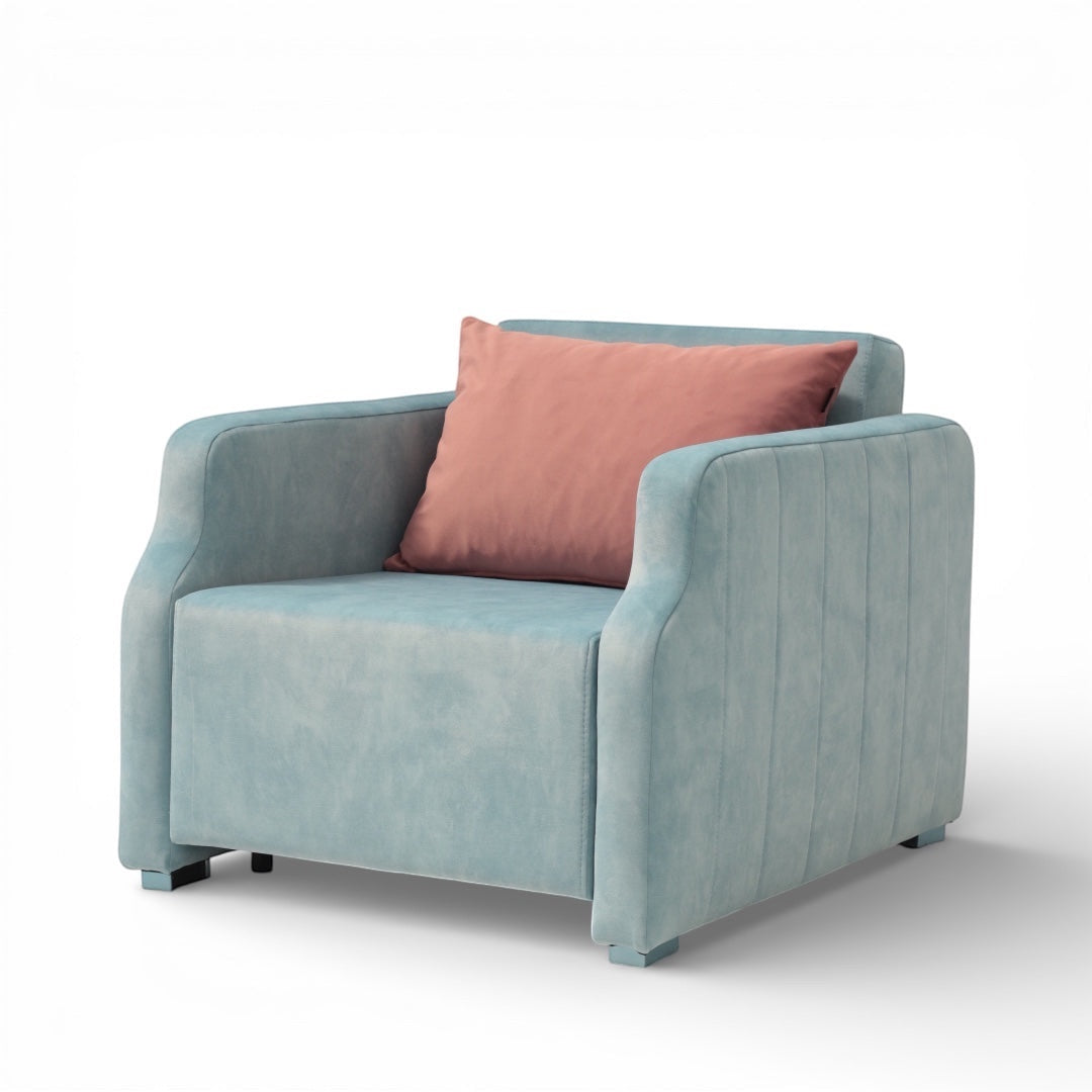Front angled view of the Vaya Home Aristo sleeper chair with blue upholstery, wide arms, and a pink accent cushion.