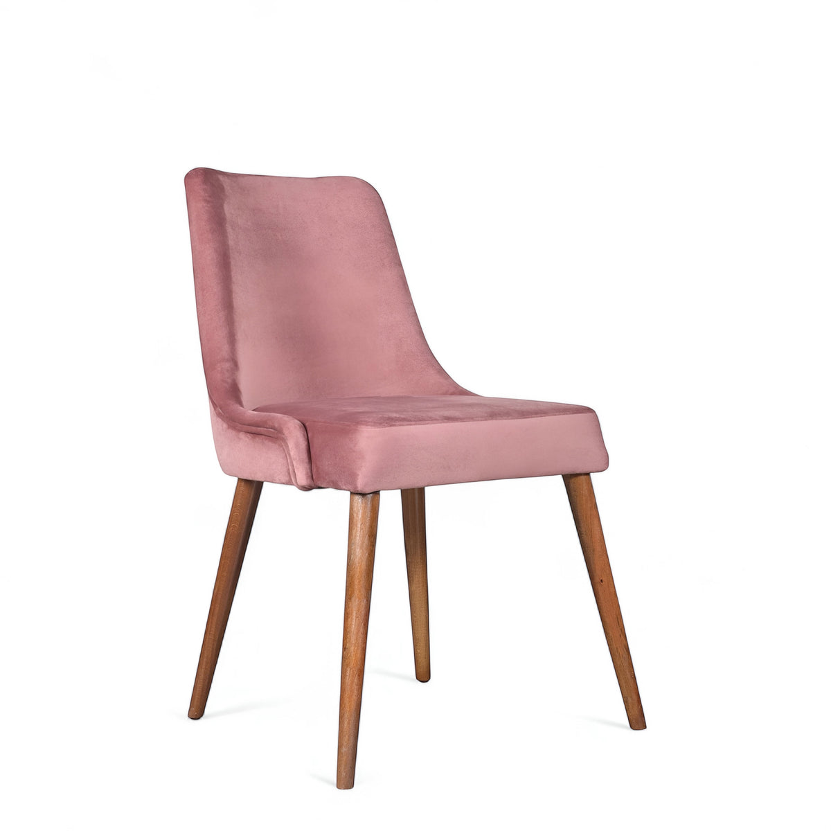Front angled view of the Vaya Home Arrossire dining chair with pink velvet upholstery, cushioned seat, and tapered wood legs.