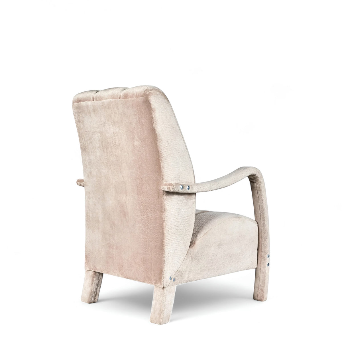 Rear angled view of the Vaya Home Aura accent chair with beige upholstery, curved wood arms, and a tall upholstered back.