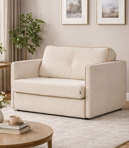 Vaya Home Aureo chair bed in cream boucle upholstery, styled in a modern living room.