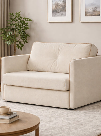 Vaya Home Aureo chair bed in cream boucle upholstery, styled in a modern living room.