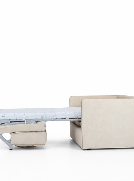 Vaya Home Aureo cream boucle chair bed opened into a sleeper with pull-out mattress and support legs.