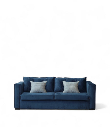 Front view of the Vaya Home Azelia sofa bed with navy upholstery, square arms, and accent cushions.