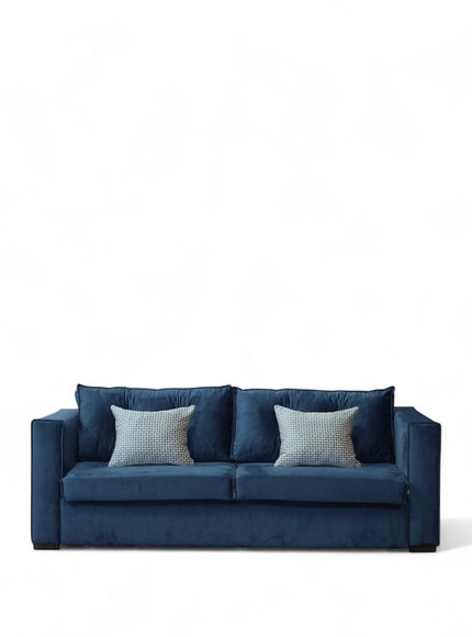 Front view of the Vaya Home Azelia sofa bed with navy upholstery, square arms, and accent cushions.