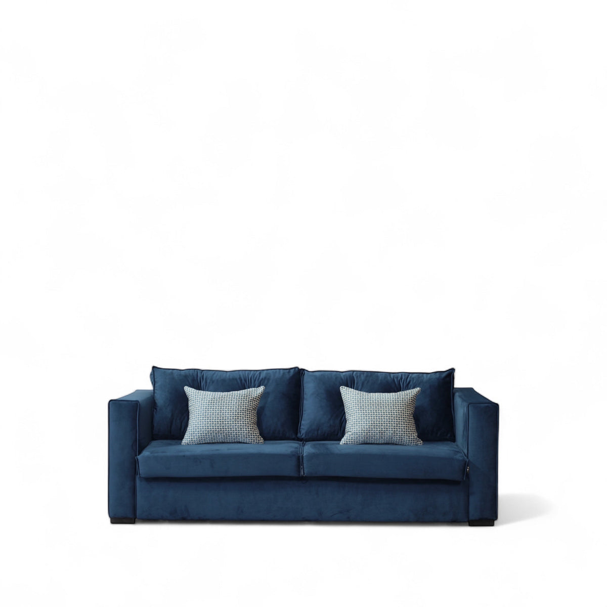 Front view of the Vaya Home Azelia sofa bed with navy upholstery, square arms, and accent cushions.