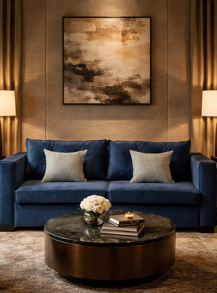 Vaya Home Azelia sofa bed in navy upholstery, styled in a modern living room.