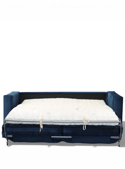 Vaya Home Azelia navy upholstered sofa bed opened into a sleeper with pull-out mattress.