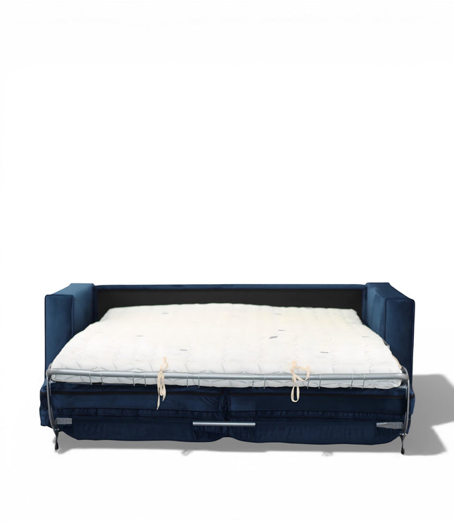 Vaya Home Azelia navy upholstered sofa bed opened into a sleeper with pull-out mattress.