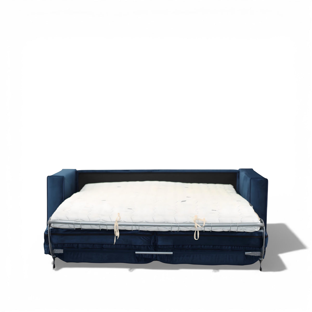 Vaya Home Azelia navy upholstered sofa bed opened into a sleeper with pull-out mattress.