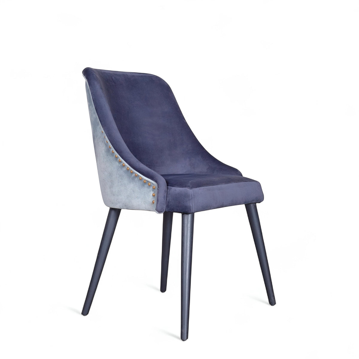 Front angled view of the Vaya Home Azzurro dining chair with dark blue upholstery, slim profile, and tapered dark legs.