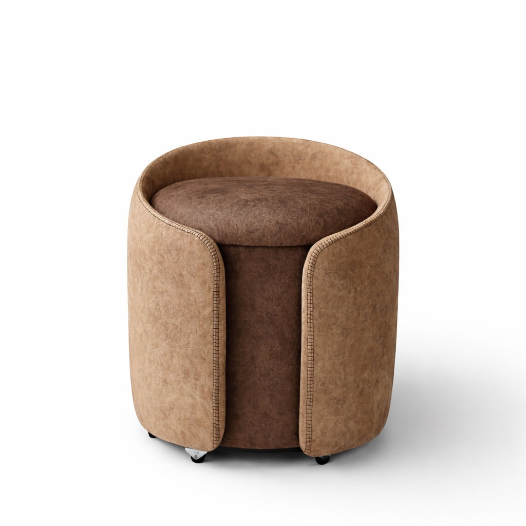 Vaya Home Barrel round storage ottoman in two-tone brown upholstery with cushioned seat.