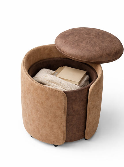 Vaya Home Barrel round storage ottoman with lid open, showing hidden interior storage and brown upholstered exterior.