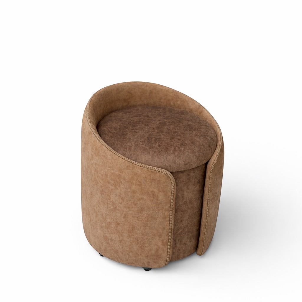 Front view of the Vaya Home Barrel round storage ottoman with two-tone brown upholstery and cushioned top.